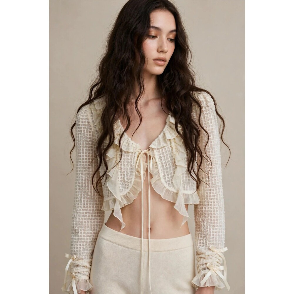 Womens Ivory Ruffle Bolero Shrug Tie Front Crop Cardigan Coquette Romantic M